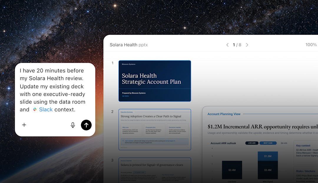 ChatGPT Work updating a presentation deck using data room and Slack context from a single prompt