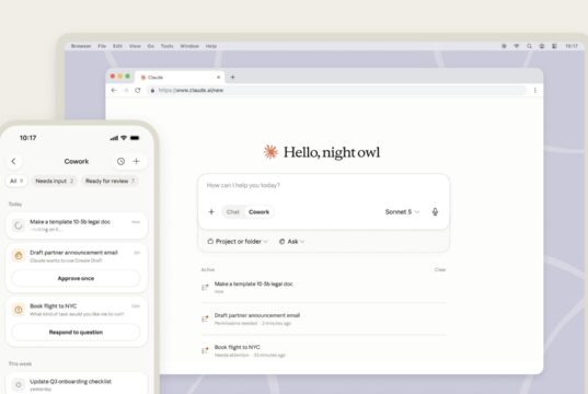 Claude Cowork mobile task list on a phone next to the Claude web client on desktop, showing tasks needing approval or ready for review