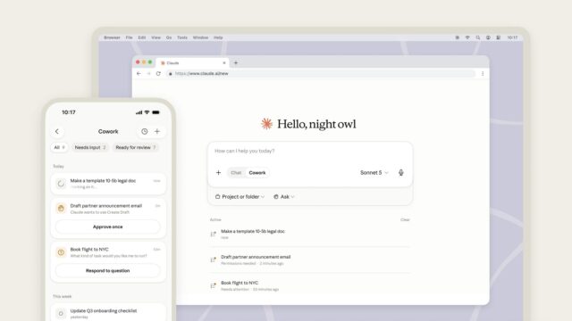 Claude Cowork mobile task list on a phone next to the Claude web client on desktop, showing tasks needing approval or ready for review