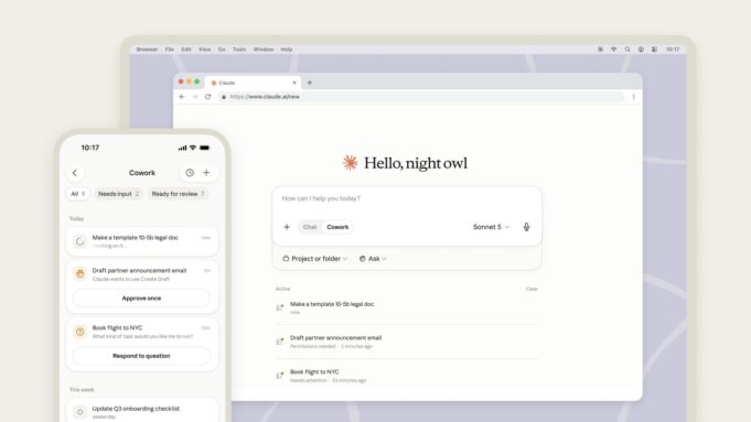 Claude Cowork Mobile Lets You Direct Anthropic’s AI Agent From Your Phone Claude Cowork mobile task list on a phone next to the Claude web client on desktop, showing tasks needing approval or ready for review