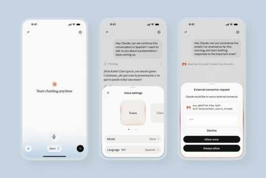 Claude voice mode product interface showing spoken conversation and model options