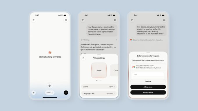 Claude voice mode product interface showing spoken conversation and model options