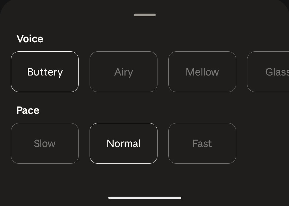 Claude voice mode settings showing voice, pace, and language options on mobile