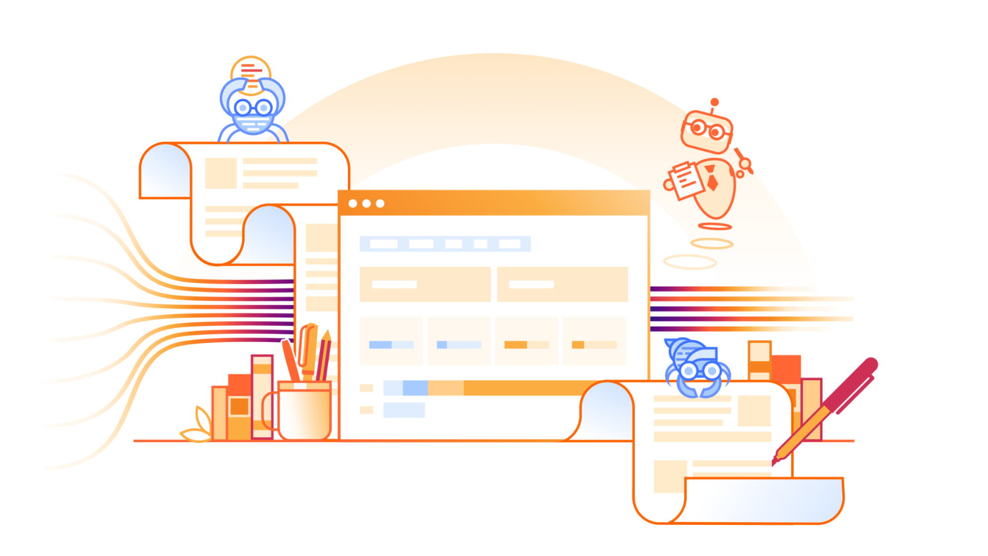 Cloudflare Attribution Business Insights illustration showing crawler bots and an analytics dashboard