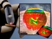 Color-Changing Tactile Sensor Lets Robots See Touch in Real Time Robot finger pressing a coin next to the mechanochromic tactile sensor showing the coin's imprint as color patterns