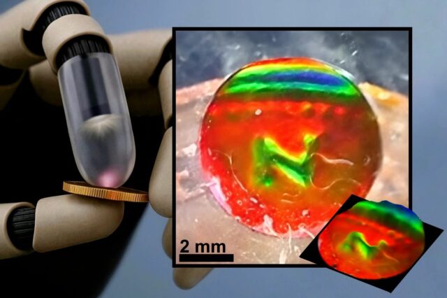 color-changing-tactile-sensor-robots Robot finger pressing a coin next to the mechanochromic tactile sensor showing the coin's imprint as color patterns