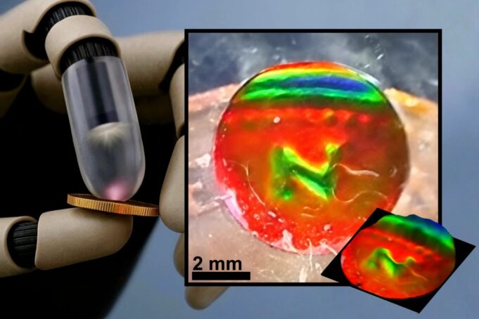 Color-Changing Tactile Sensor Lets Robots See Touch in Real Time Robot finger pressing a coin next to the mechanochromic tactile sensor showing the coin's imprint as color patterns