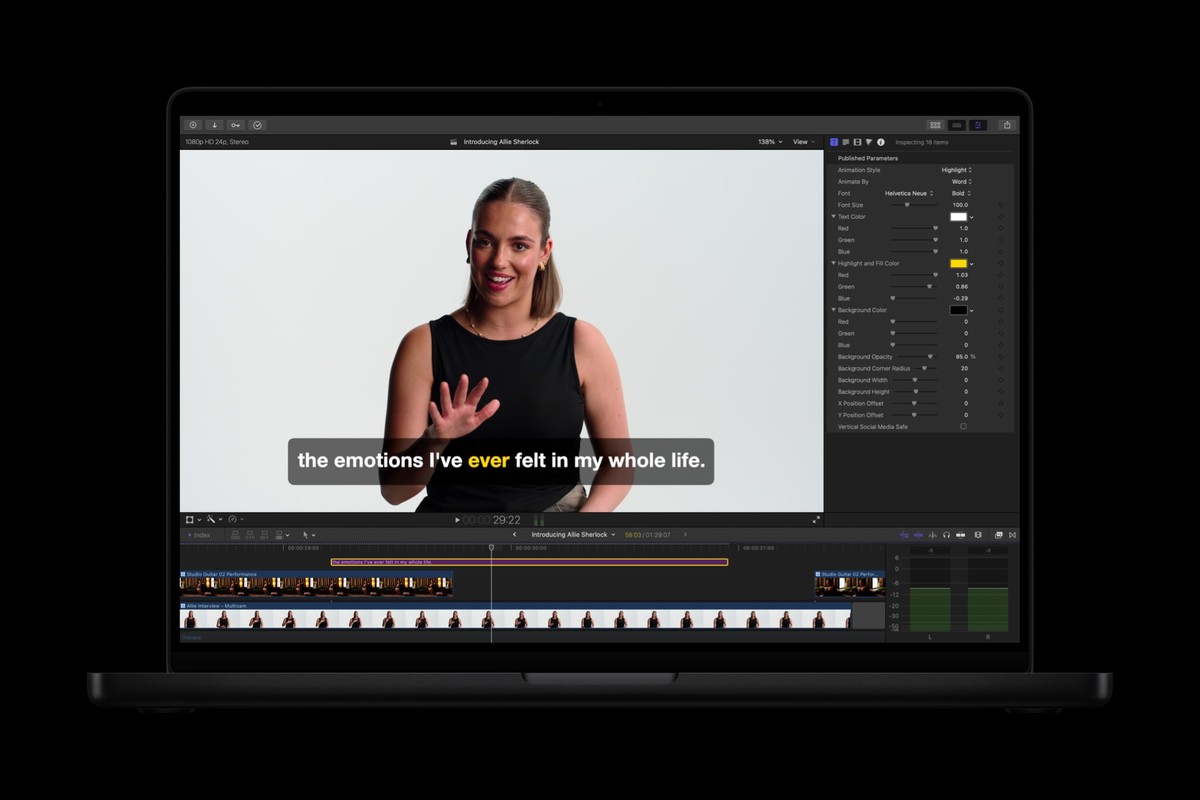 Final Cut Pro Generate Captions transcribing audio on a MacBook Pro