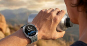 Samsung Galaxy Watch Ultra 2 titanium smartwatch product hero with green sport dial