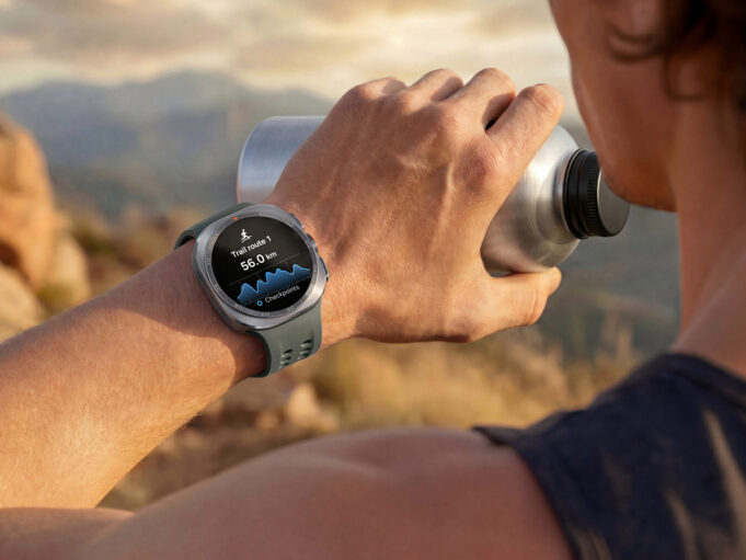 Samsung Galaxy Watch Ultra 2 titanium smartwatch product hero with green sport dial