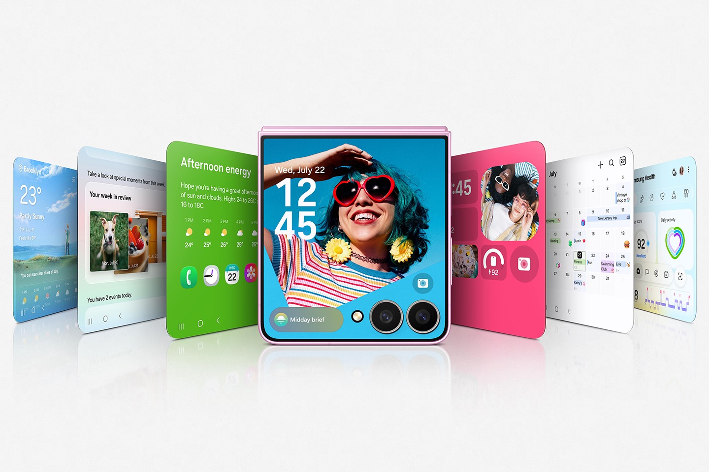 Samsung Galaxy Z Flip8 FlexWindow cover screen with apps, widgets, and Now Brief insights