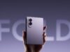 Samsung Galaxy Z Fold8 in Lavender held upright with its dual camera design visible