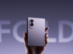 Samsung Galaxy Z Fold8 in Lavender held upright with its dual camera design visible