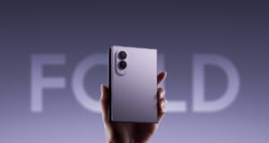 Samsung Galaxy Z Fold8 in Lavender held upright with its dual camera design visible