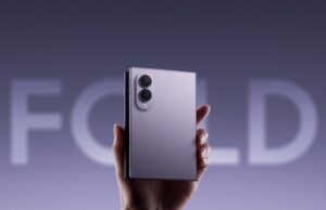 Samsung Galaxy Z Fold8 in Lavender held upright with its dual camera design visible