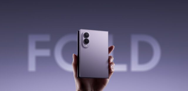 Samsung Galaxy Z Fold8 in Lavender held upright with its dual camera design visible