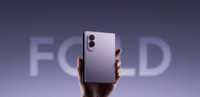 Samsung Galaxy Z Fold8 in Lavender held upright with its dual camera design visible