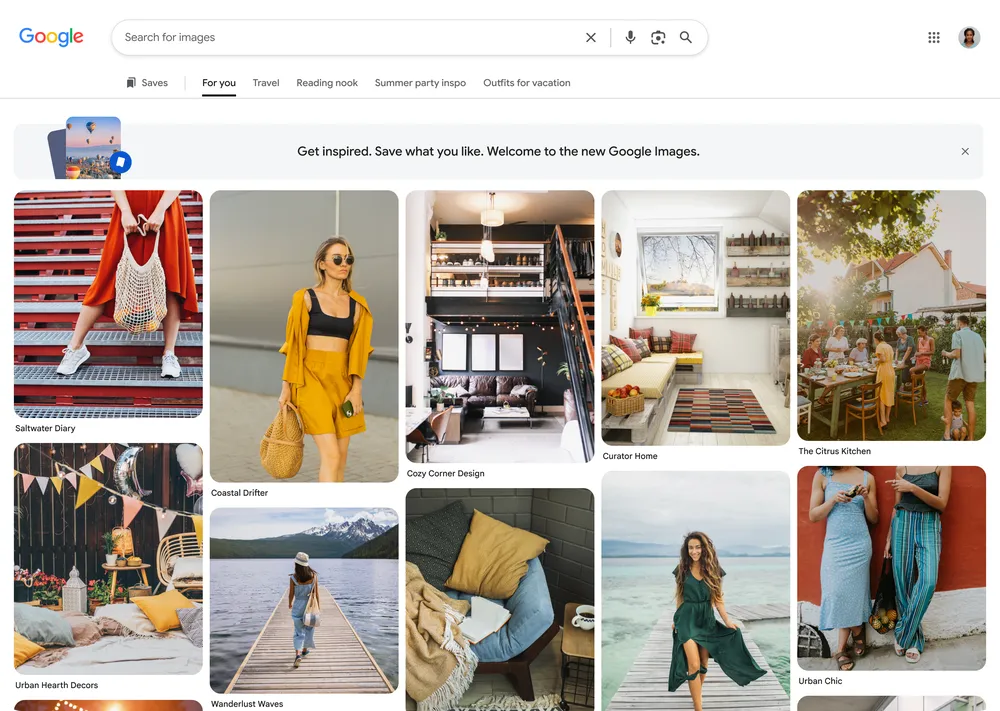 Google Images makeover with a personalized image gallery and collection tabs