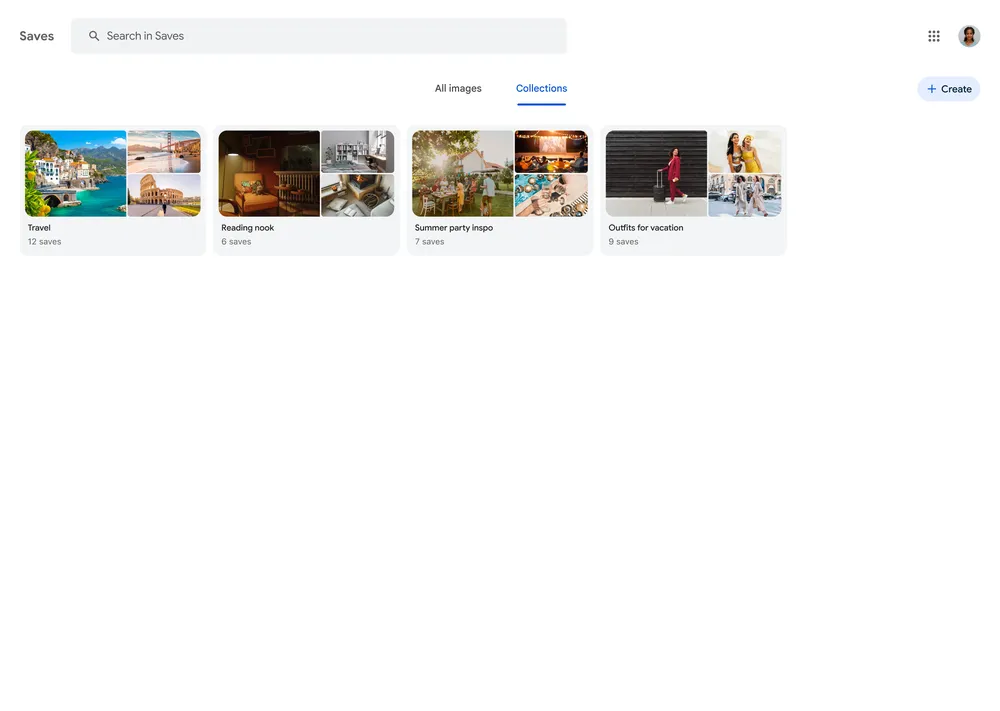 Google Images saved collections page with collection cards