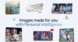 Promotional image showing the Gemini app generating a personalized image on a phone, with the user prompt and AI-generated result visible.