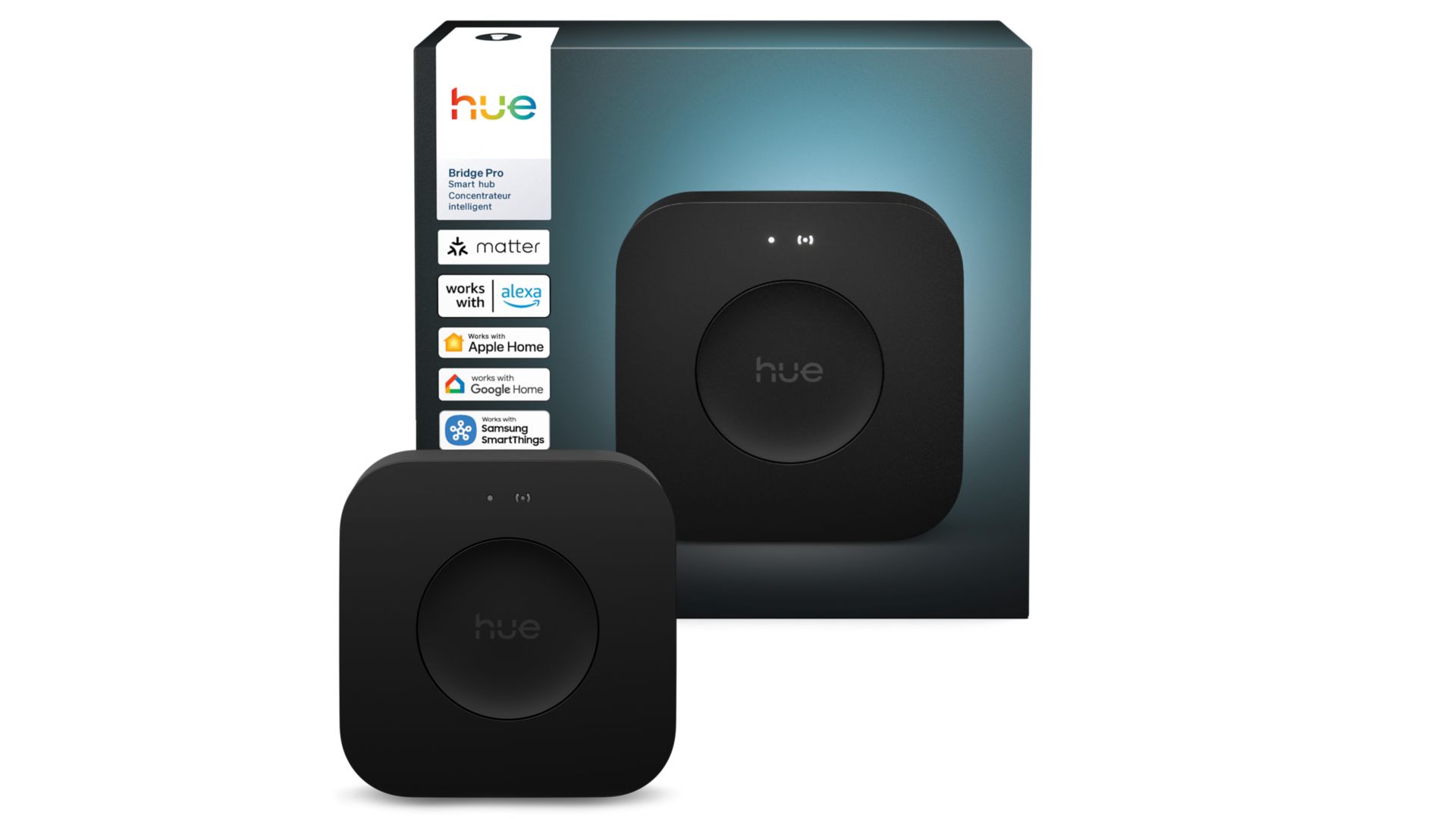 Philips Hue Bridge Pro next to its retail box with Matter, Alexa, Apple Home, and Google Home badges