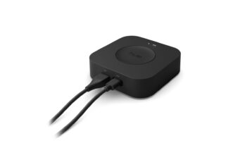 Philips Hue Bridge Pro smart lighting hub with LAN and power cables connected