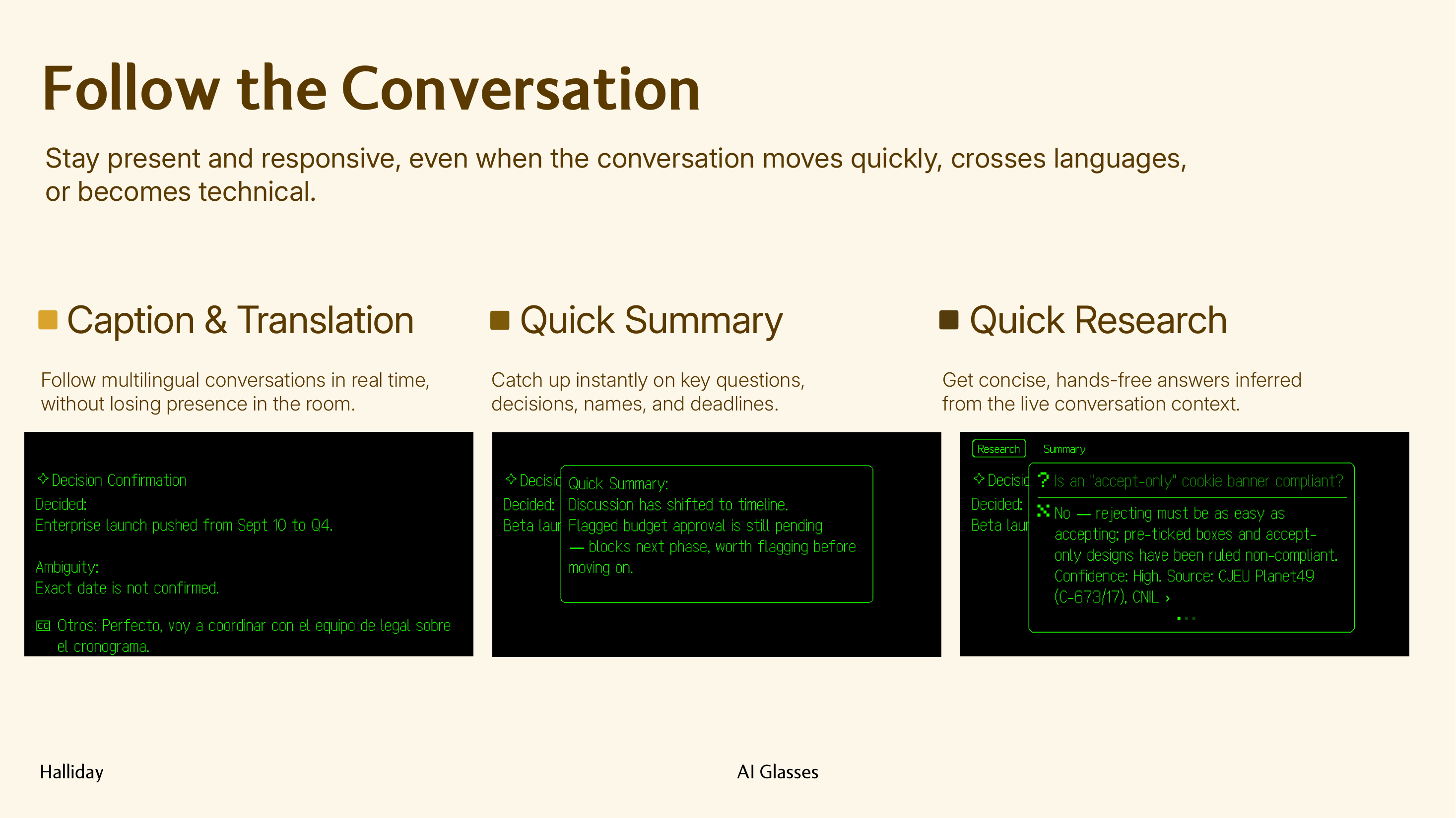 Halliday Meeting Flow display examples for captions, quick summaries and quick research