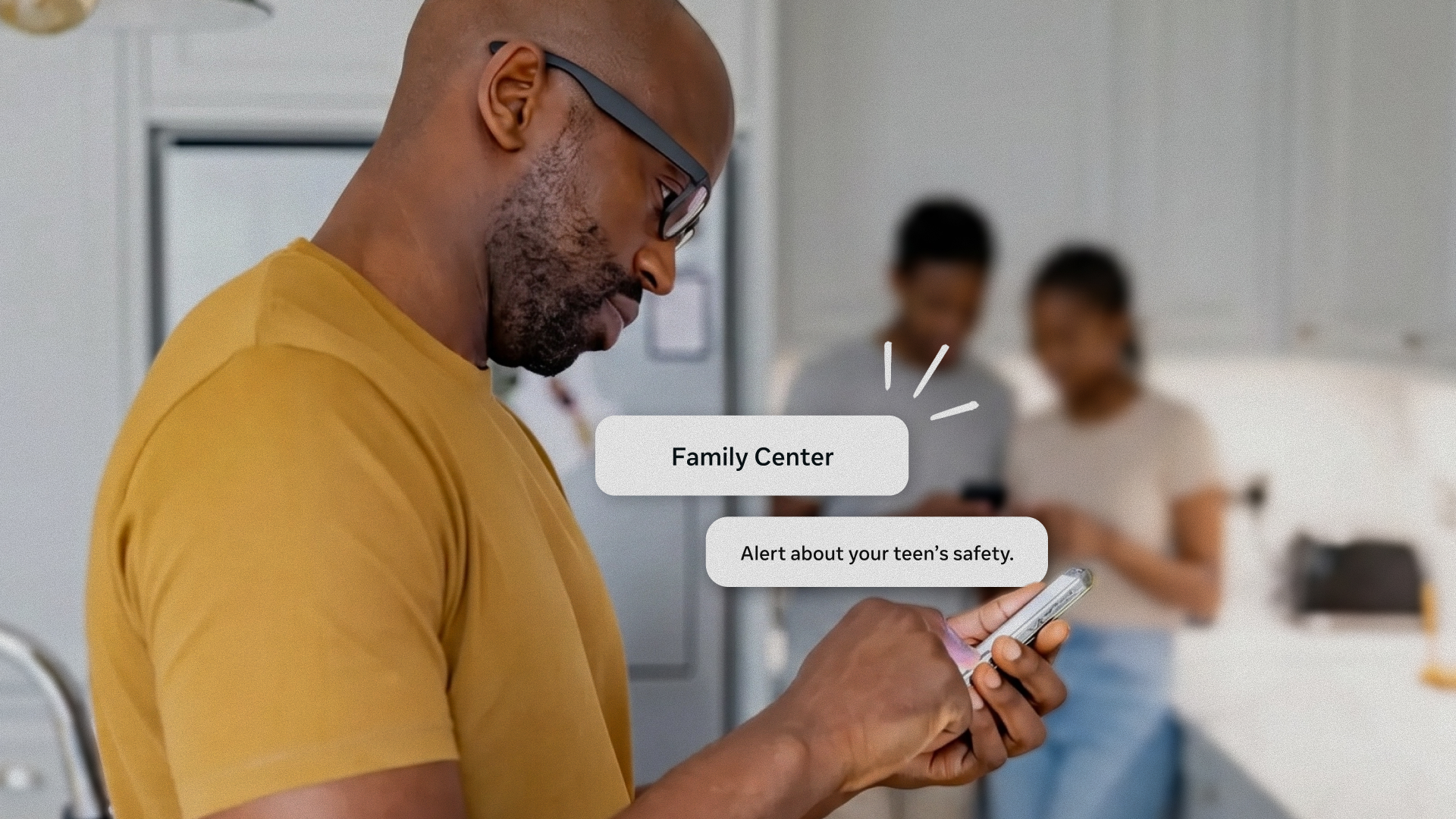 Parents and kids on their phones in Meta's teen AI safety campaign art