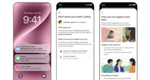 Phone mockups of Meta Family Center parent alerts about a teen Meta AI chat related to self-harm