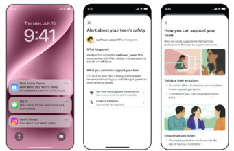 Meta AI Will Alert Parents If Teens Discuss Self-Harm Phone mockups of Meta Family Center parent alerts about a teen Meta AI chat related to self-harm
