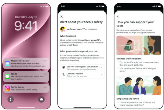 Phone mockups of Meta Family Center parent alerts about a teen Meta AI chat related to self-harm