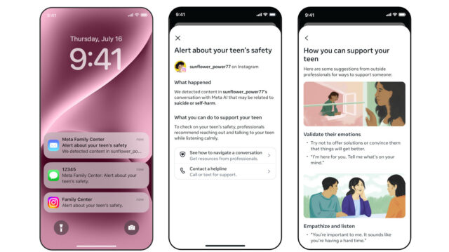 Phone mockups of Meta Family Center parent alerts about a teen Meta AI chat related to self-harm
