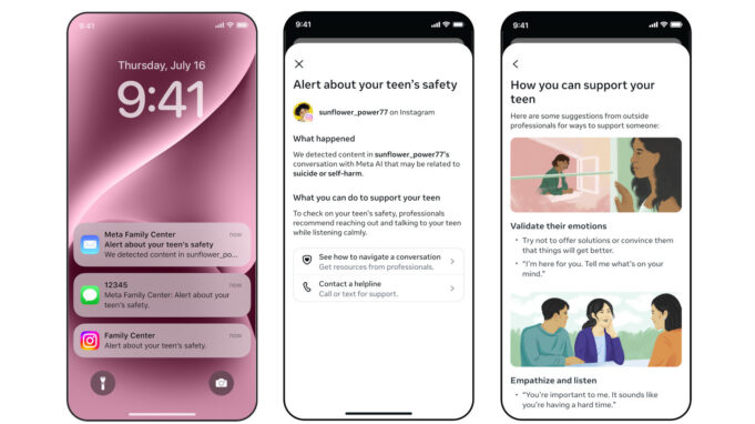 Meta AI Will Alert Parents If Teens Discuss Self-Harm Phone mockups of Meta Family Center parent alerts about a teen Meta AI chat related to self-harm