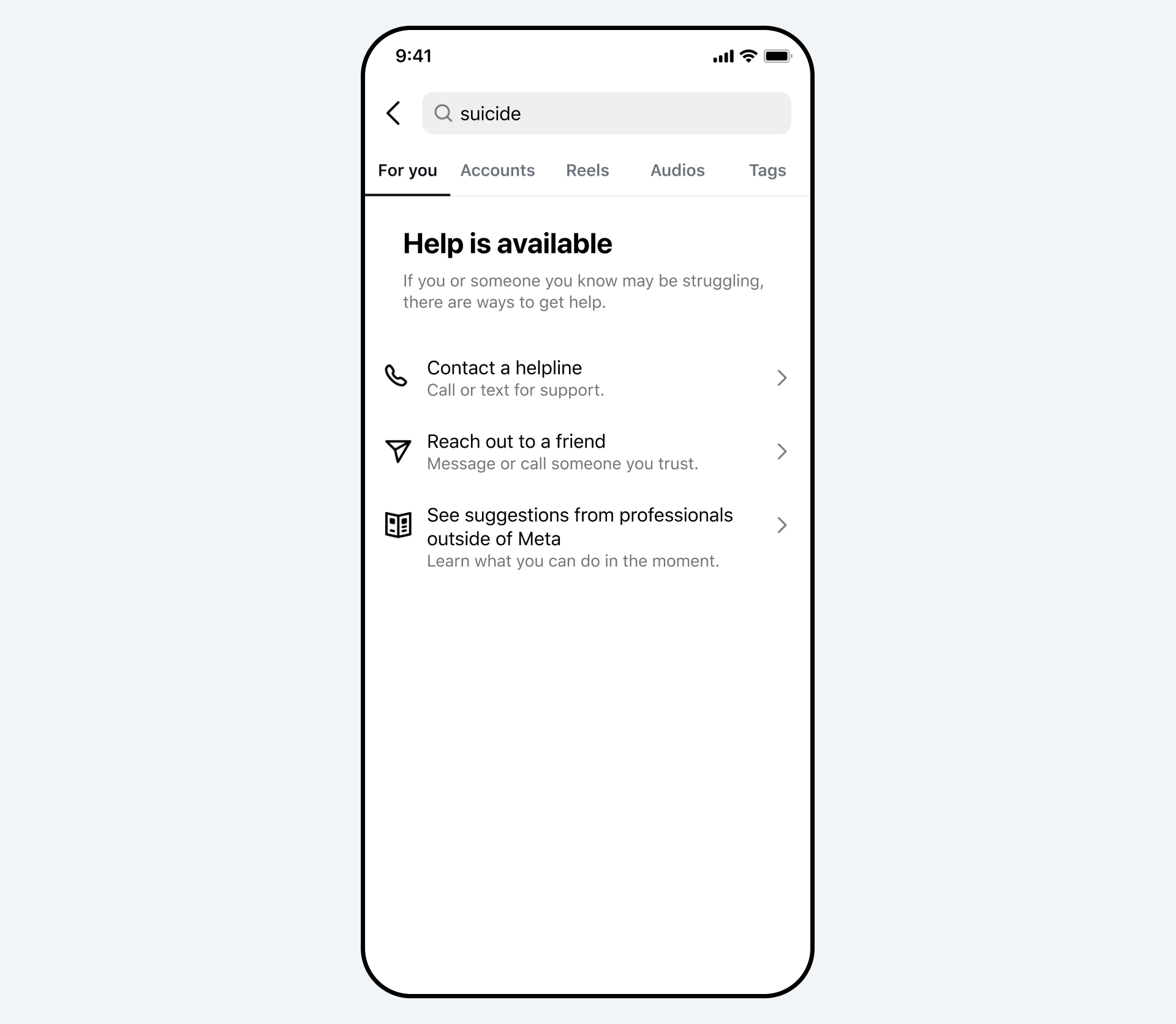 Instagram experience blocking suicide and self-harm search terms and directing people to support resources