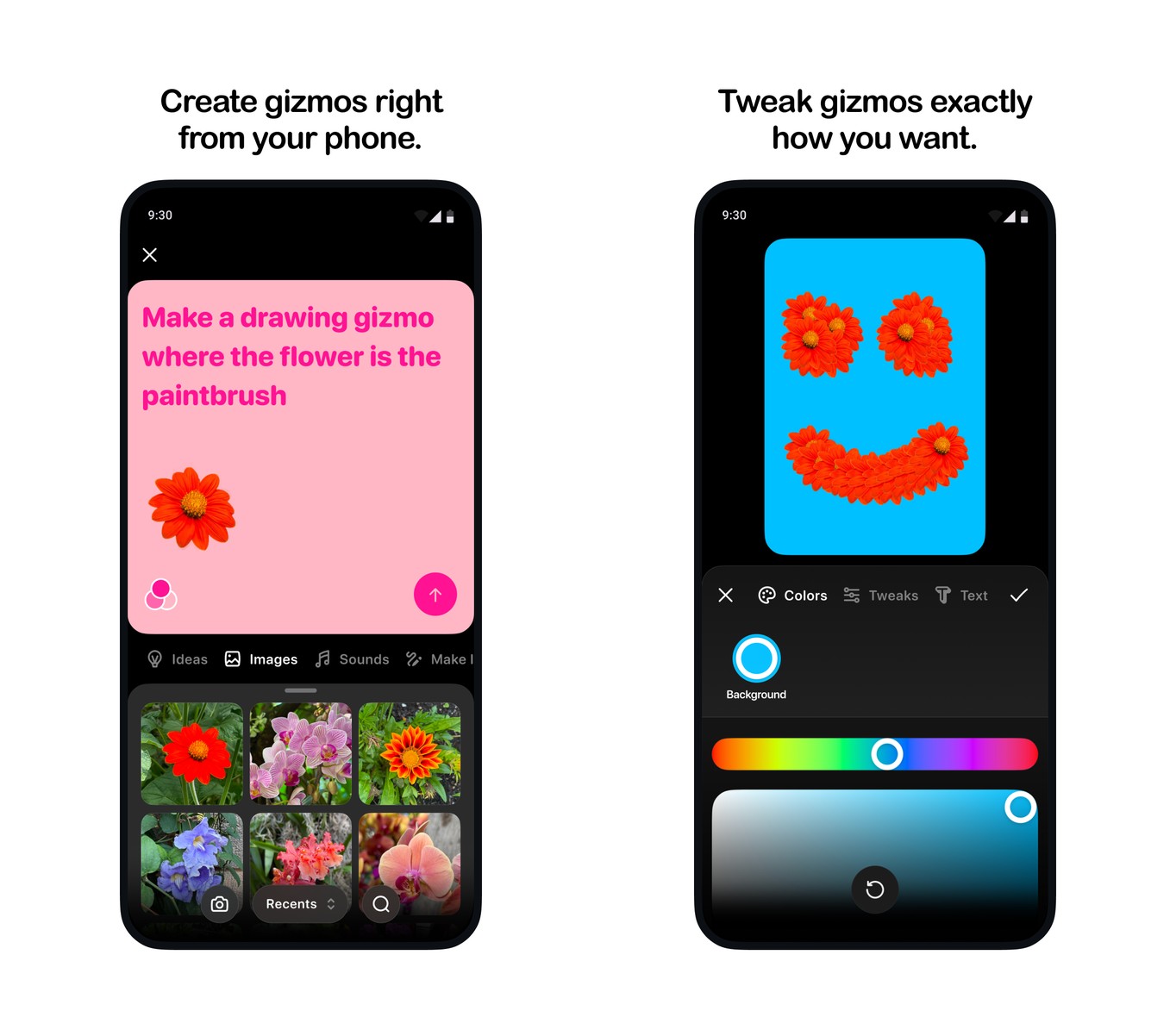 Creating and editing a gizmo in the Meta Pocket app with a text prompt and color tools