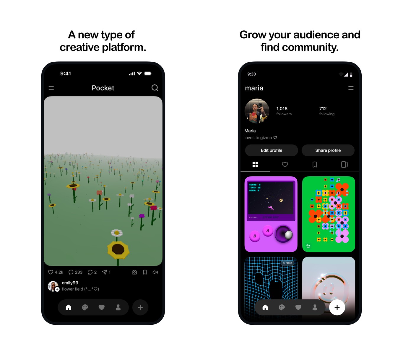 Meta Pocket app feed playing a flower field gizmo next to a creator profile page
