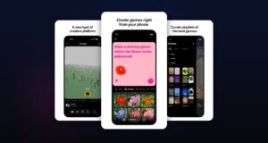 Meta Pocket app screens showing prompt-based gizmo creation, the playable feed, and curated playlists