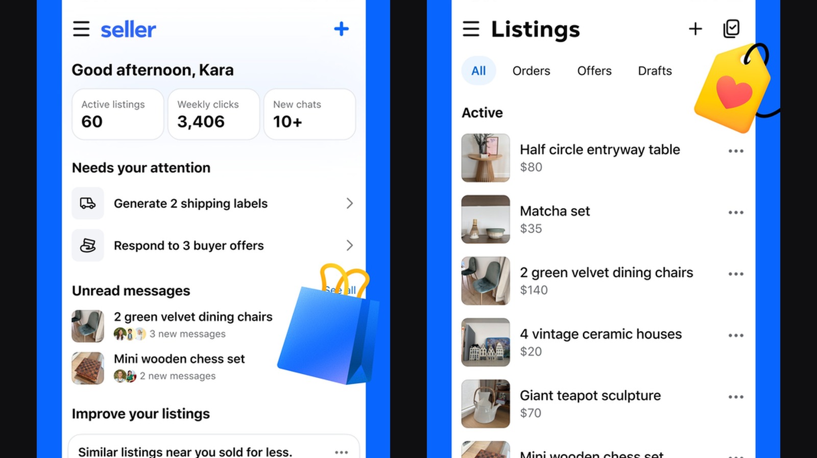Meta Seller app home and listing screens for Facebook Marketplace sellers