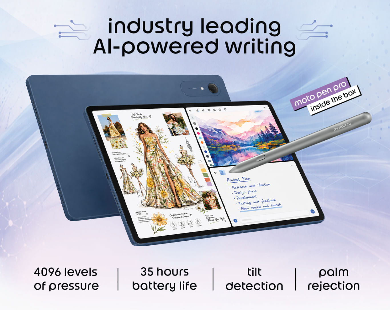 Moto Pad 70 Pro with the included Moto Pen Pro stylus showing 4096 pressure levels and AI-powered writing features