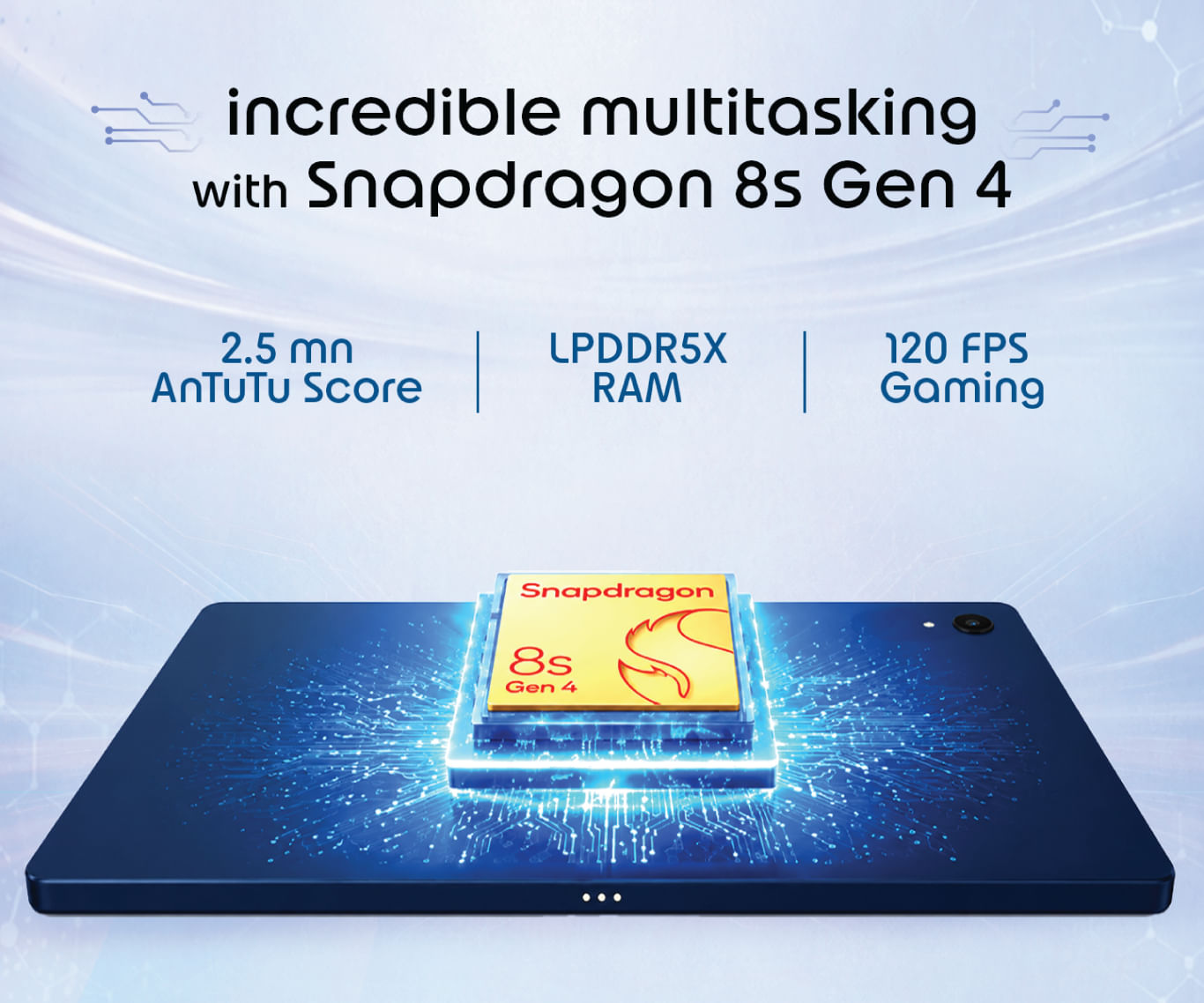 Motorola infographic showing the Snapdragon 8s Gen 4 chip in the Moto Pad 70 Pro with LPDDR5X RAM and 120fps gaming claims
