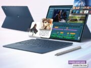 Moto Pad 70 Pro tablet with Snap-On keyboard and Moto Pen Pro stylus on Motorola's official launch art