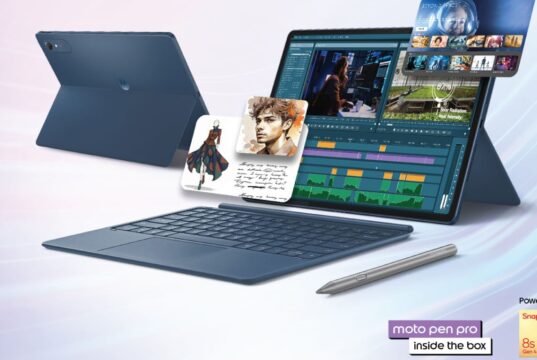Moto Pad 70 Pro tablet with Snap-On keyboard and Moto Pen Pro stylus on Motorola's official launch art