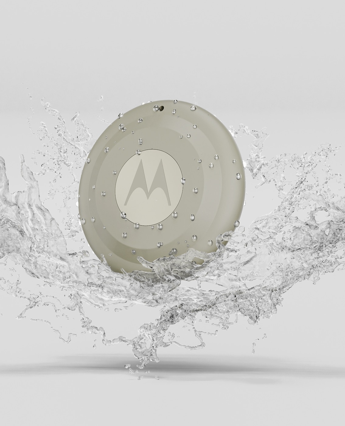 Moto Tag 2 official Motorola product render showing the tracker front-on with water resistance