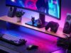 Nanoleaf Smart LED Monitor Stand on a desktop with dual front and rear LED lighting