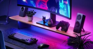 Nanoleaf Smart LED Monitor Stand on a desktop with dual front and rear LED lighting