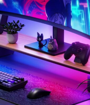 Nanoleaf Smart LED Monitor Stand Turns Your Desk Into a Light Hub Nanoleaf Smart LED Monitor Stand on a desktop with dual front and rear LED lighting