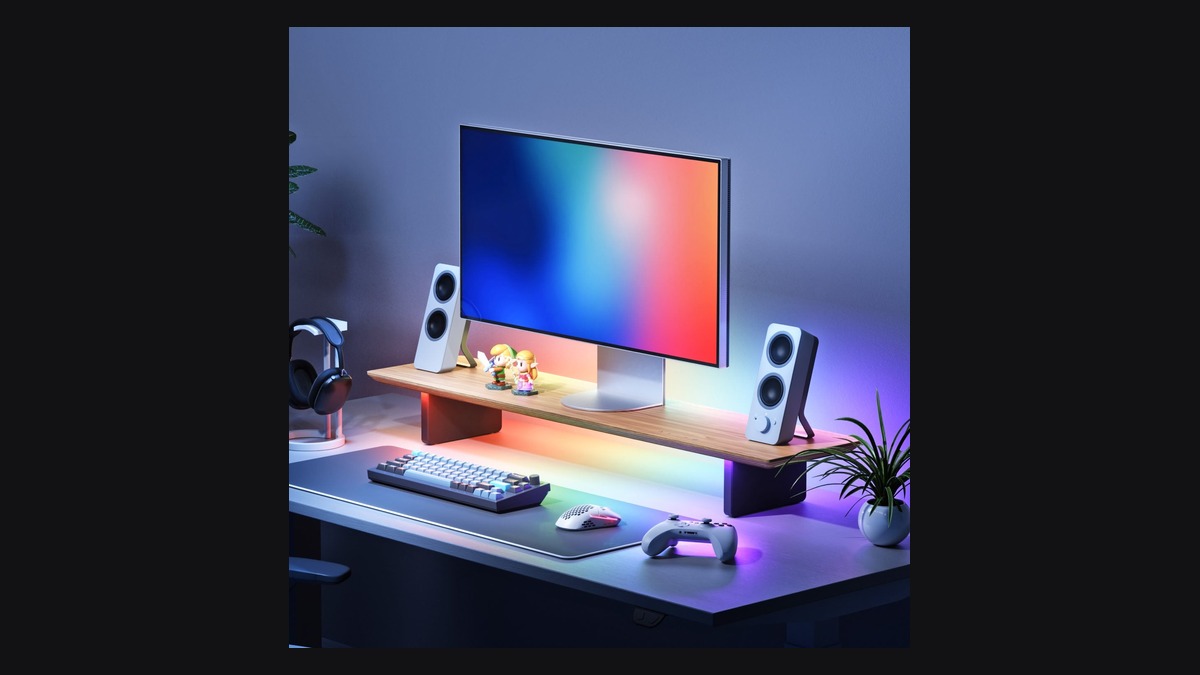 Nanoleaf Smart LED Monitor Stand product gallery showing desk setup with RGB ambient light