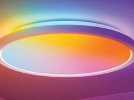 Nanoleaf Smart Multicolor Ceiling Light flush-mounted circular fixture showing dual-sided illumination in dynamic colors