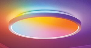 Nanoleaf Smart Multicolor Ceiling Light Debuts at $80 With Matter Support Nanoleaf Smart Multicolor Ceiling Light flush-mounted circular fixture showing dual-sided illumination in dynamic colors