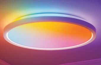 Nanoleaf Smart Multicolor Ceiling Light Debuts at $80 With Matter Support Nanoleaf Smart Multicolor Ceiling Light flush-mounted circular fixture showing dual-sided illumination in dynamic colors